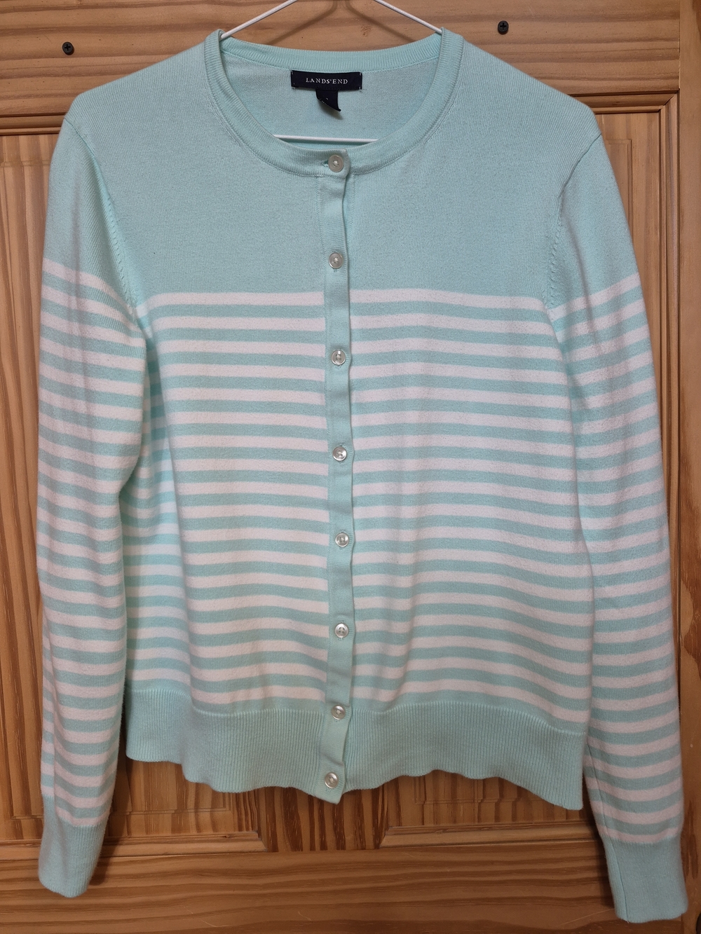 Lands' End Women's Mint and White Striped Button-Front Sweater